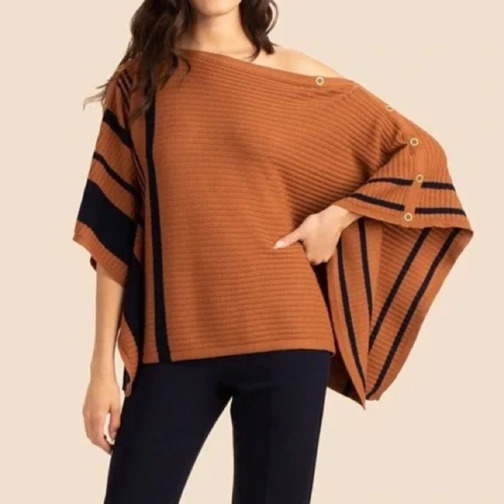Trina Turk Chic Wrap Nutmeg Indigo Poncho Sweater Knit 100% Merino Wool Sz XS/S